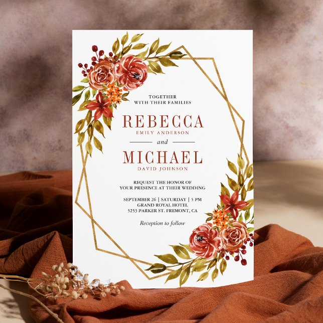 Invitación Naranja quemado Marco dorado floral Boda otoño oto (Subido por el creador)