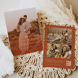 Invitación Naranja quemado Minimalista Foto Boda de código QR