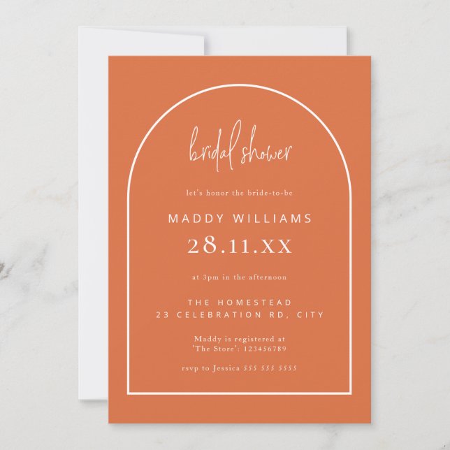 Invitación Naranja quemado Minimalista Script Arch Bridal Sho (Anverso)
