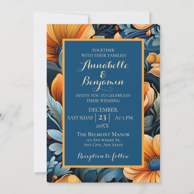 Invitación Naranja quemado moderno y Boda floral azul (Anverso)