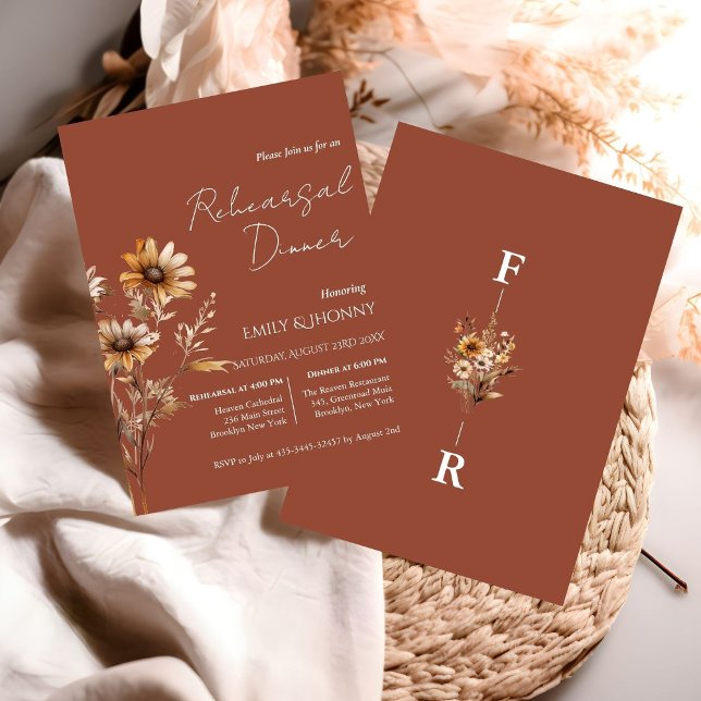 Invitación Naranja quemado Monograma Ensayo de flor silvestre (Subido por el creador)
