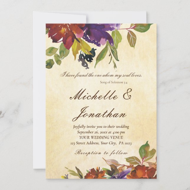 Invitación Naranja quemado Morado Floral Caída Boda Cristiano (Anverso)