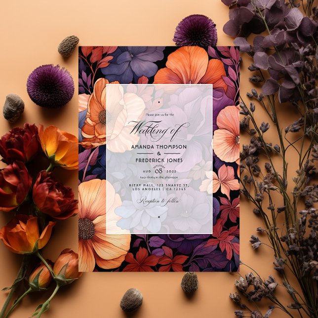 Invitación Naranja quemado, morado oscuro y Boda floral negro (Subido por el creador)