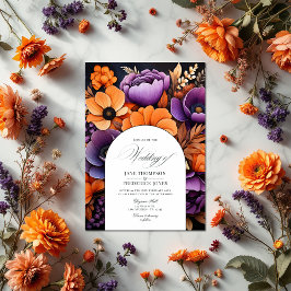 Invitación Naranja quemado, morado oscuro y Boda floral negro