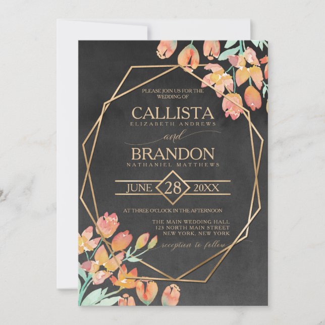 Invitación Naranja quemado Oro Negro Floral Terrario Boda (Anverso)