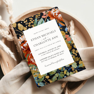 Invitación Naranja quemado Peonies Boda de pintura de oro con