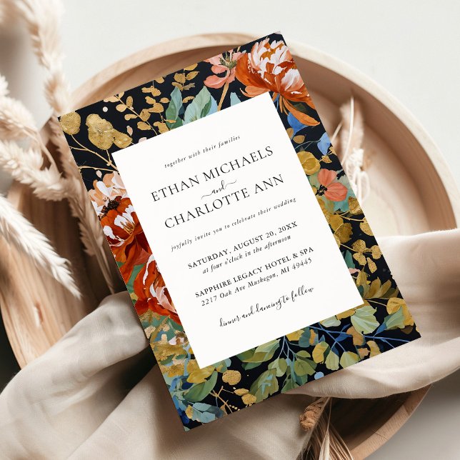 Invitación Naranja quemado Peonies Boda de pintura de oro con (Subido por el creador)