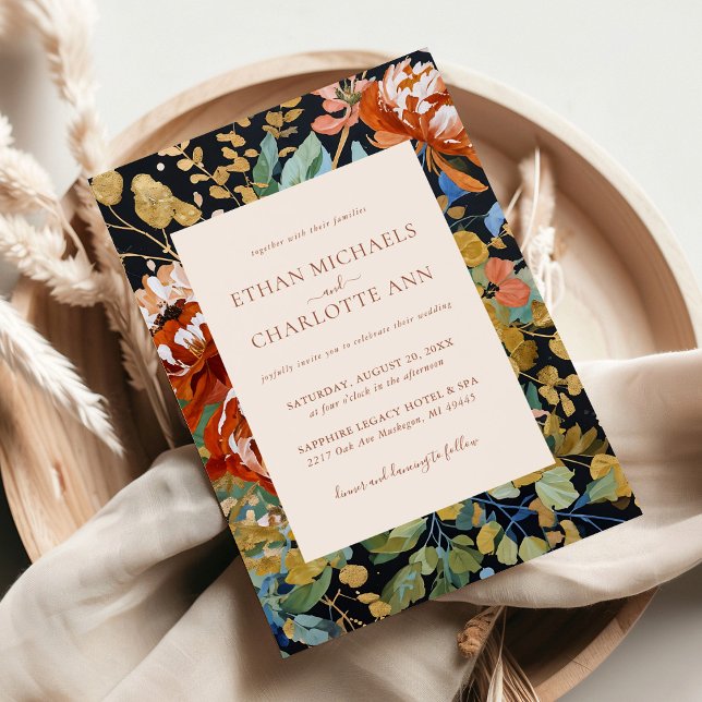 Invitación Naranja quemado Peony Floral Pintura Boda de oro (Subido por el creador)