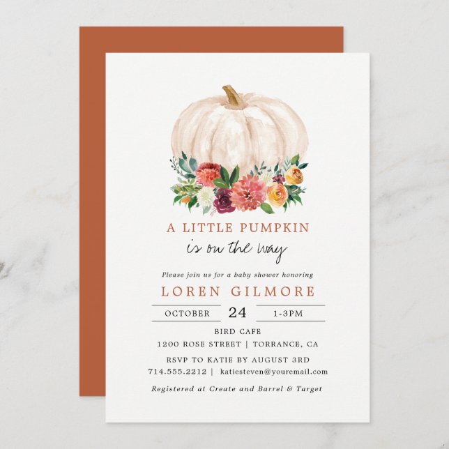 Invitación Naranja quemado Pequeña Calabaza Baby Shower (Anverso / Reverso)