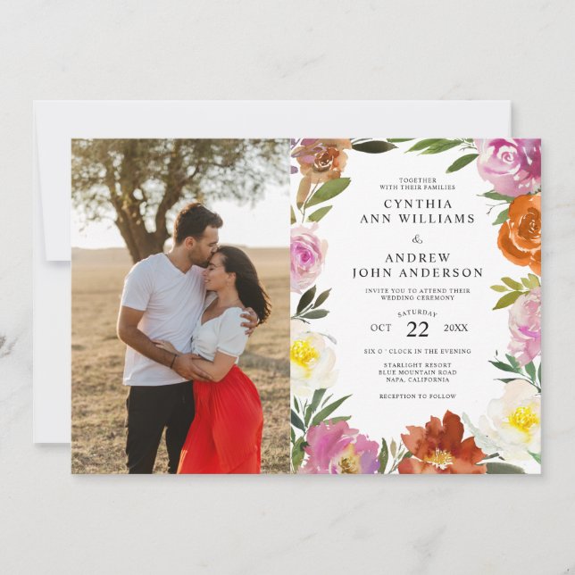 Invitación Naranja quemado Personalizado de Floral Floral Blo (Anverso)