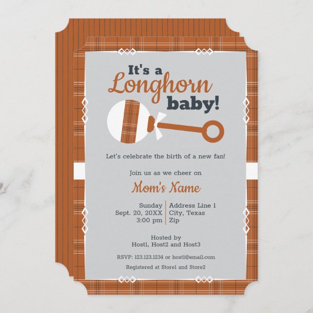 Invitación Naranja quemado Plaid Rattle Longhorn Baby Shower (Anverso / Reverso)