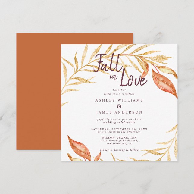 Invitación Naranja quemado por follaje dorado Boda (Anverso / Reverso)