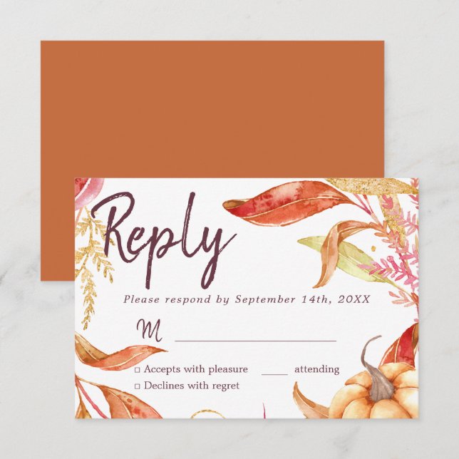 Invitación Naranja quemado por follaje dorado RSVP (Anverso / Reverso)