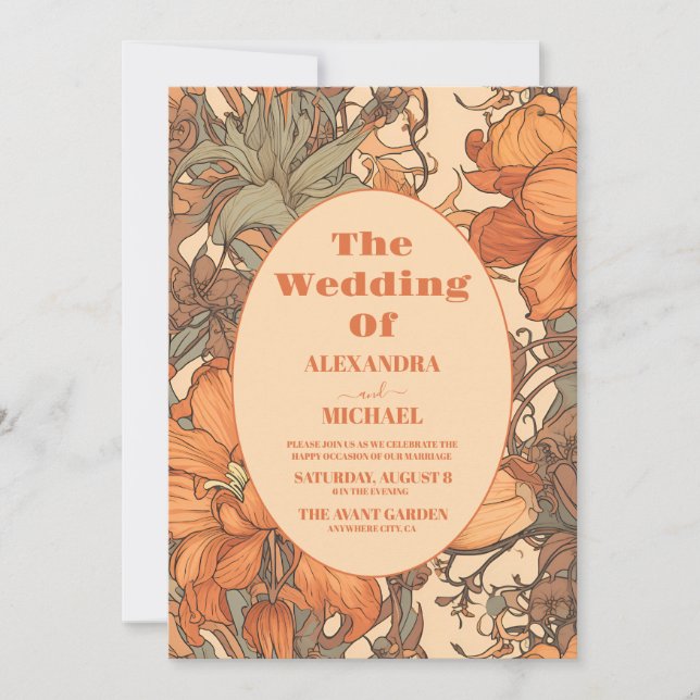 Invitación Naranja quemado por la foto Boda de Art Nouveau fl (Anverso)