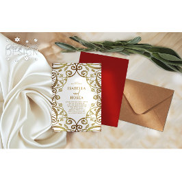 Invitación Naranja quemado Purpurina dorado Boda de encaje fl