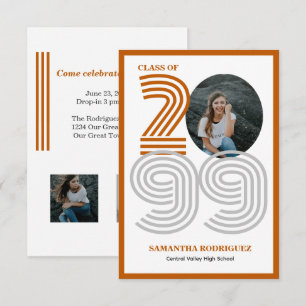 Invitación Naranja quemado retro gran número foto de graduaci