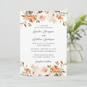 Invitación Naranja Quemado Rosa Florales Botánicos Rústicos B