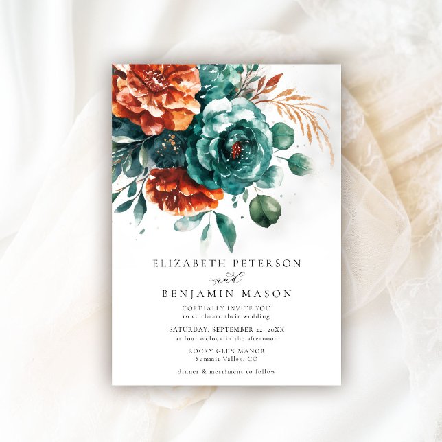 Invitación Naranja Quemado Rosas Verde azulados Boda botánico (fall wedding invitation teal burnt orange terracotta watercolor bohemian floral rustic barn garden)