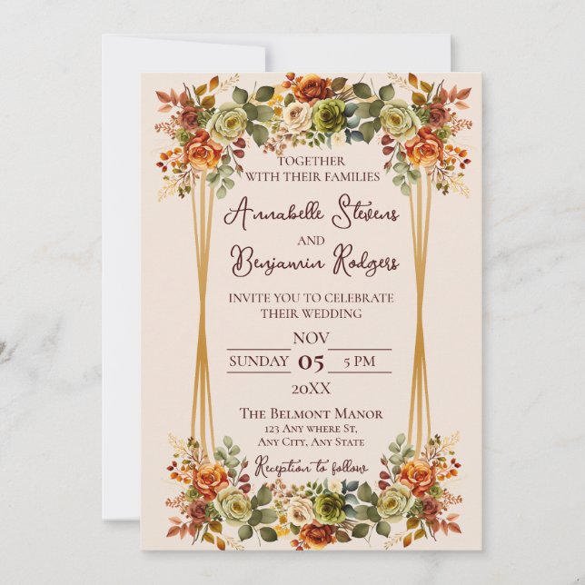 Invitación Naranja quemado ruso y Boda de Rosas verdes de Mos (Anverso)