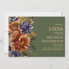 Invitación Naranja quemado Rust Blue Floral Verde 100 cumplea