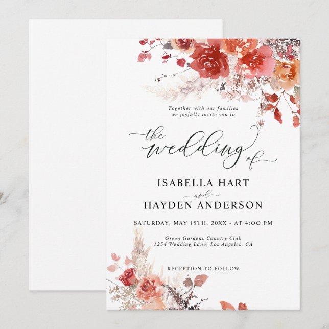 Invitación Naranja quemado Rust Boho Terracotta Boda Floral (Anverso / Reverso)