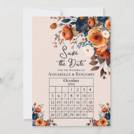 Invitación Naranja quemado rústico y boda azul salvan la fech