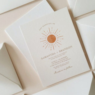Invitación Naranja quemado Sun Boda Boho mínimo Código Qr
