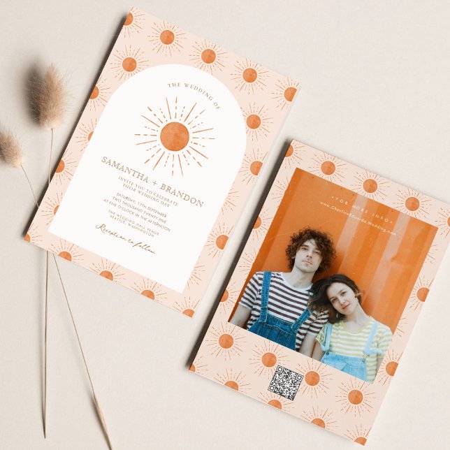 Invitación Naranja quemado Sun Celestial Boho Boda Código Qr (Subido por el creador)