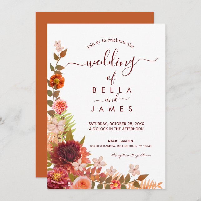 Invitación Naranja quemado Terracotta Boho Boda Floral (Anverso / Reverso)
