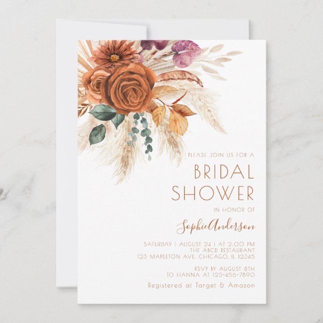 Invitación Naranja quemado Terracotta Boho Pampas Boda de Gra (Anverso)