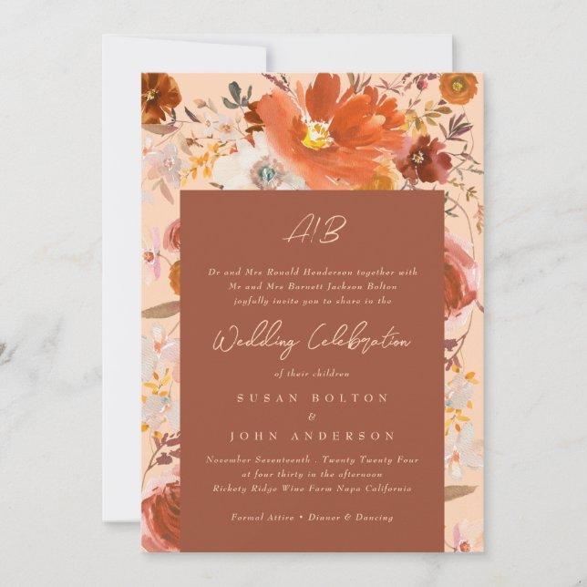 Invitación Naranja quemado Terracotta Crema Monograma Floral (Anverso)