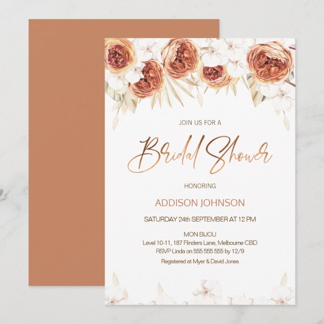 Invitación Naranja quemado Terracotta Floral Bridal Shower (Anverso / Reverso)