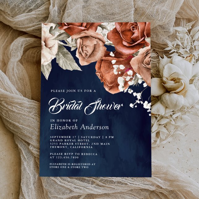 Invitación Naranja quemado Terracotta Floral Navy Bridal Show (Subido por el creador)