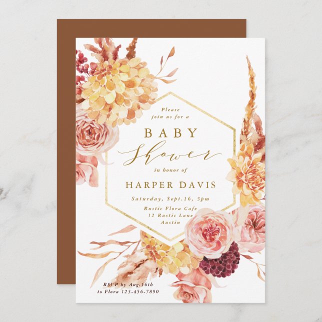Invitación Naranja quemado Terracotta Flores Gold Baby Shower (Anverso / Reverso)