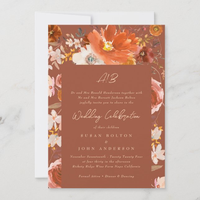 Invitación Naranja quemado Terracotta Monograma Borde floral (Anverso)