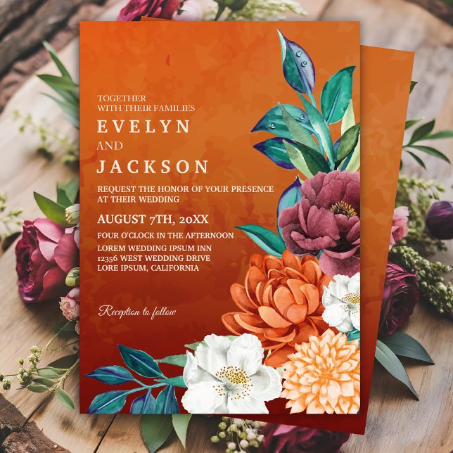 Invitación Naranja quemado Terracotta Rústico Caída boda flor (Subido por el creador)