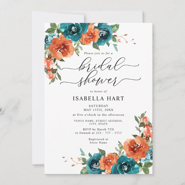 Invitación Naranja quemado Verde azulado acuarela floral duch (Anverso)