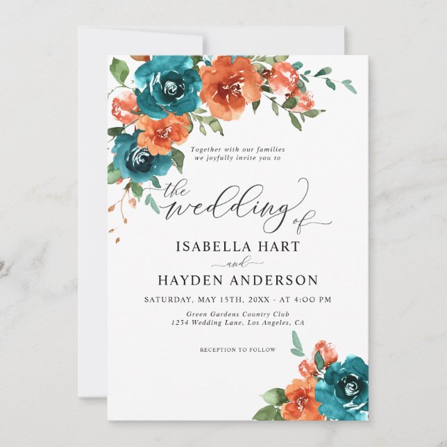 Invitación Naranja quemado verde azulado Boda de acuarela flo