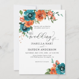 Invitación Naranja quemado verde azulado Boda de acuarela flo