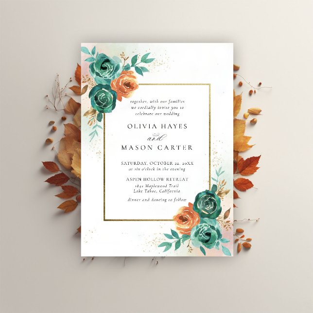 Invitación Naranja Quemado Verde azulado Boda de marco botáni (fall wedding invitation teal burnt orange terracotta watercolor floral botanical earthy nature gold )