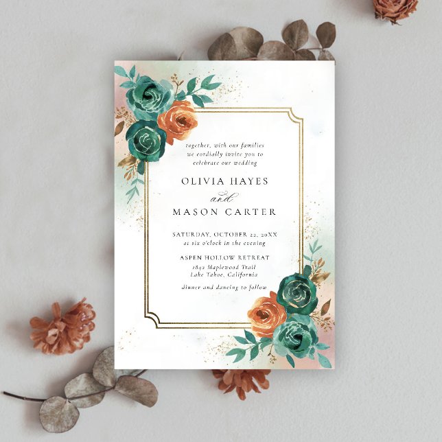 Invitación Naranja Quemado Verde azulado Boda elegante del ma (fall wedding invitation teal burnt orange terracotta watercolor floral botanical earthy nature frame)
