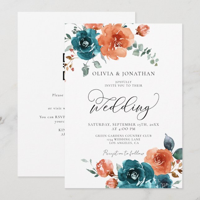 Invitación Naranja quemado verde azulado Boda floral de otoño (Anverso / Reverso)