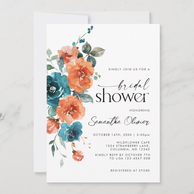 Invitación Naranja quemado verde azulado Boda Floral Moderno  (Anverso)
