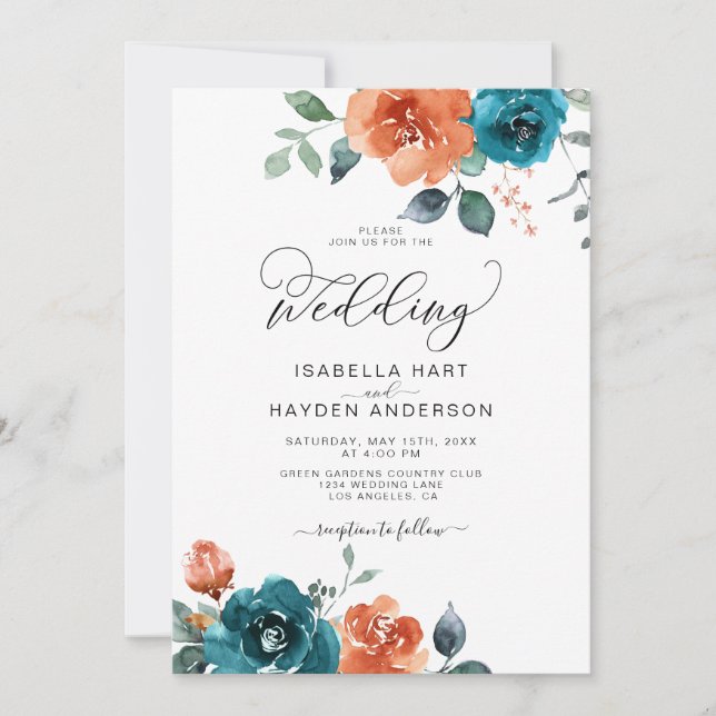Invitación Naranja quemado verde azulado Boho Boda acuarela f (Anverso)