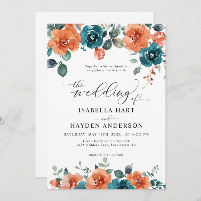 Invitación Naranja quemado verde azulado Boho Boda acuarela f (Anverso / Reverso)