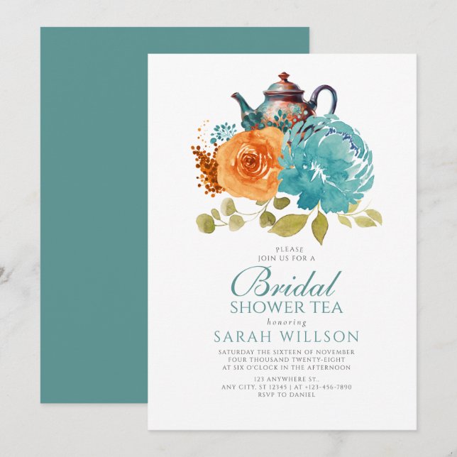 Invitación Naranja quemado verde azulado Cae Floral Bridal Du (Anverso / Reverso)