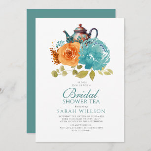 Invitación Naranja quemado verde azulado Cae Floral Bridal Du