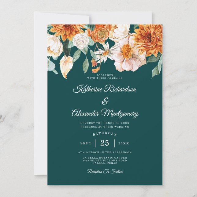 Invitación Naranja quemado verde azulado elegante boda de oto (Anverso)
