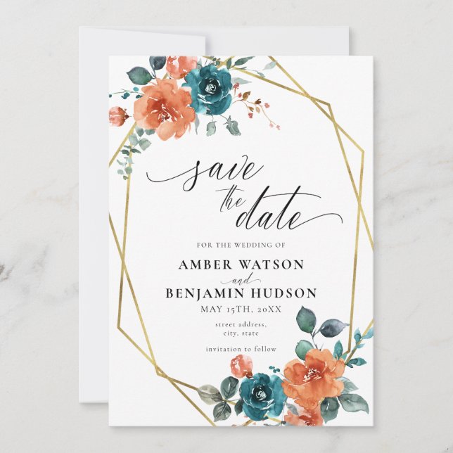 Invitación Naranja Quemado verde azulado Floral acuarela Guar (Anverso)