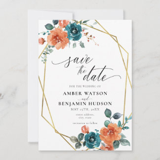 Invitación Naranja Quemado verde azulado Floral acuarela Guar